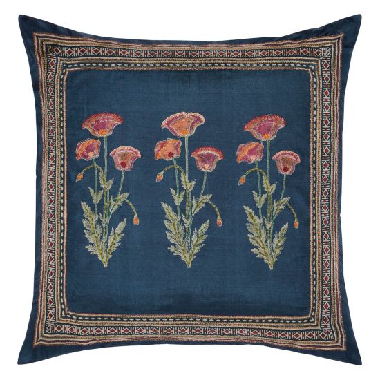 Poppy Embroidered Silk Pillow Cover - Charcoal/Pink